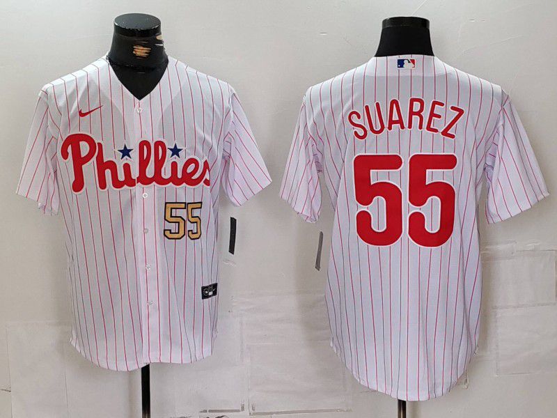 Men Philadelphia Phillies #55 Suarez White stripe Nike Game 2024 MLB Jersey style 2